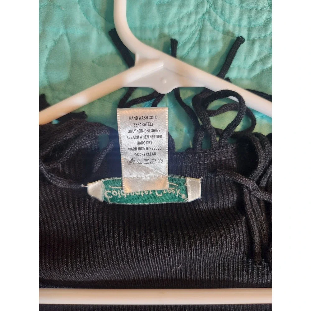 Coldwater Creek Black Ribbed Knit‎ Fringe Open Front Poncho Wrap One Size